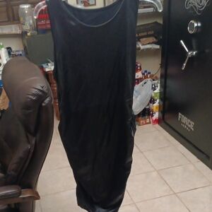 SHEIN Black Sleeveless Rouch Faux Leather Sheath Midi Dress